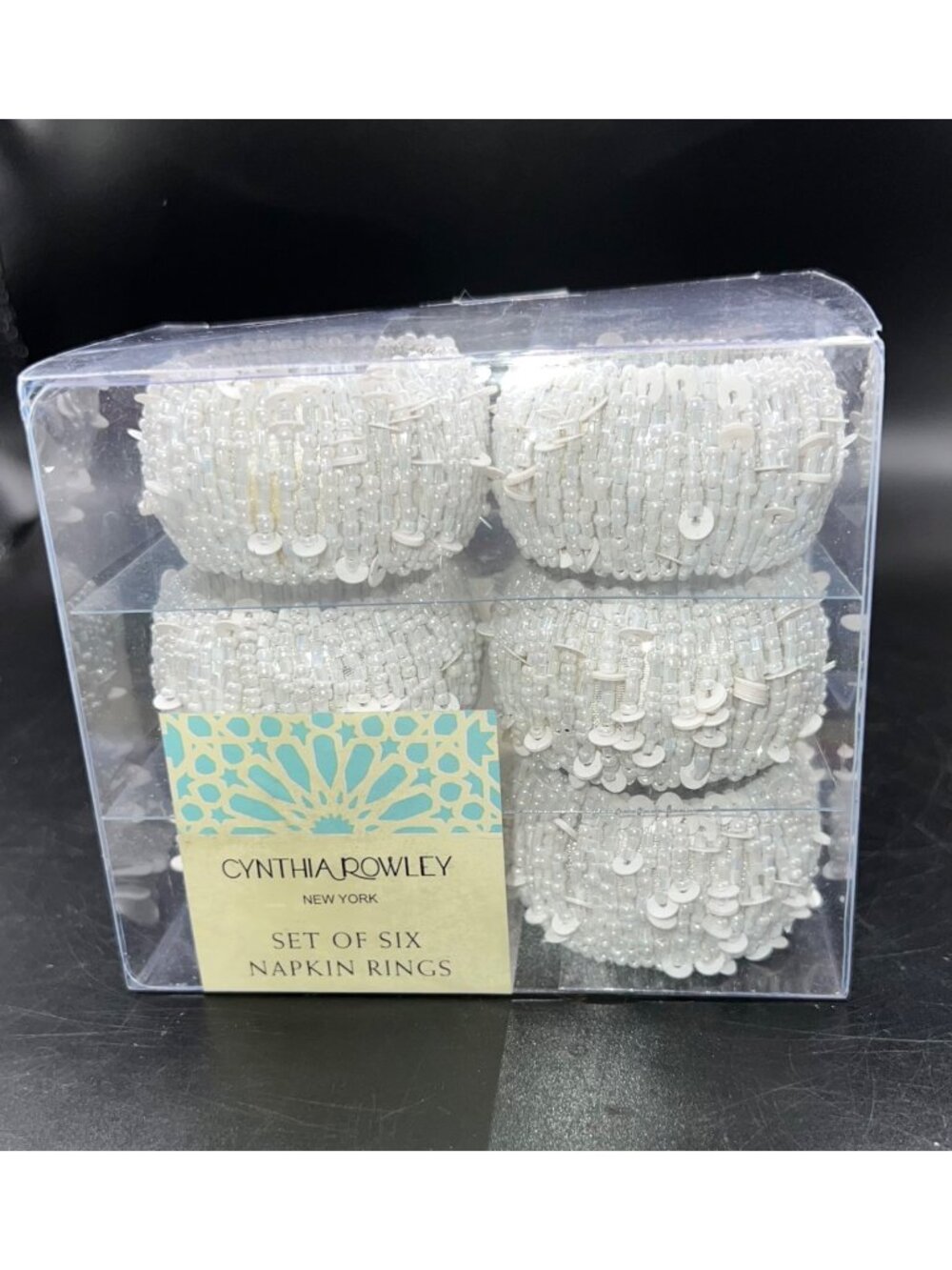 Cynthia Rowley New York Set Of Six White Beaded Napkin Rings In Clear Box Elegan